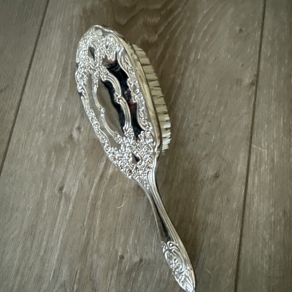 Vintage Ornate Metal Silverplate‎ Plastic Bristle Brush Vanity Made In Hong Kong